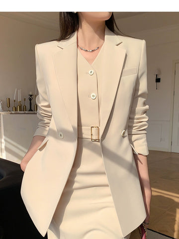 Cream 3-Piece Tailored Suit Set – Blazer, Belted Vest & Pencil Skirt
