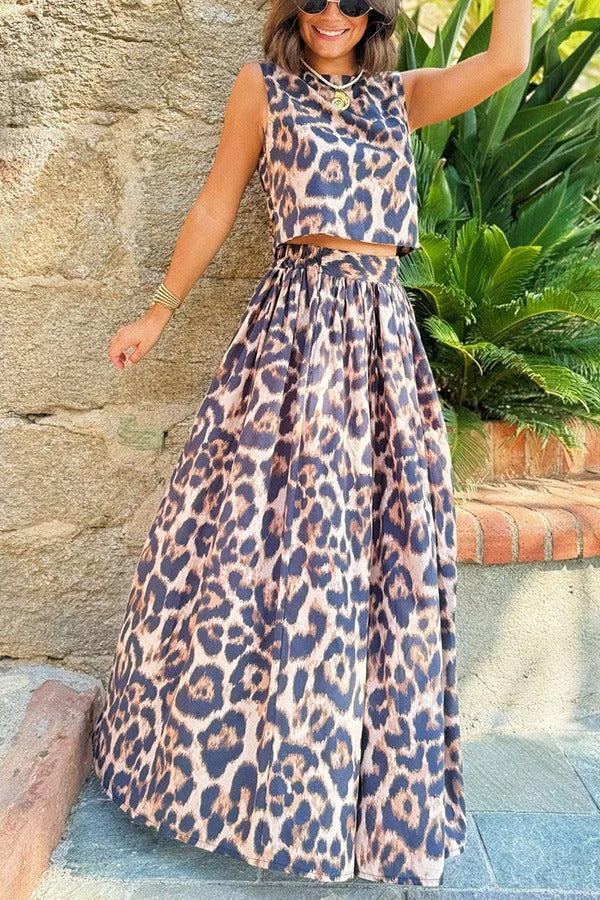 Leopard Print Crop Top & High-Waist A-Line Skirt Set